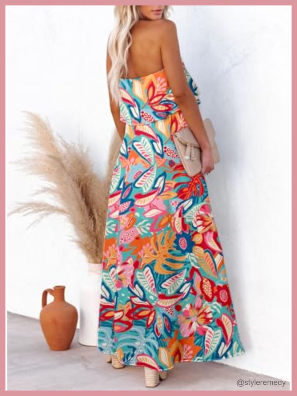 Strapless Boho Maxi Dress Side Split Flowy Casual Summer Beach - Picture 2 of 6